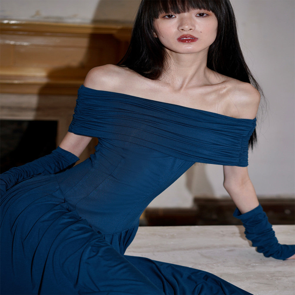 Bad taste Western niche off shoulder solid color slim fit long two piece dress set image 2