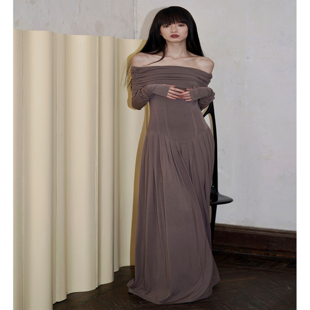 Bad taste Western niche off shoulder solid color slim fit long two piece dress set image 4