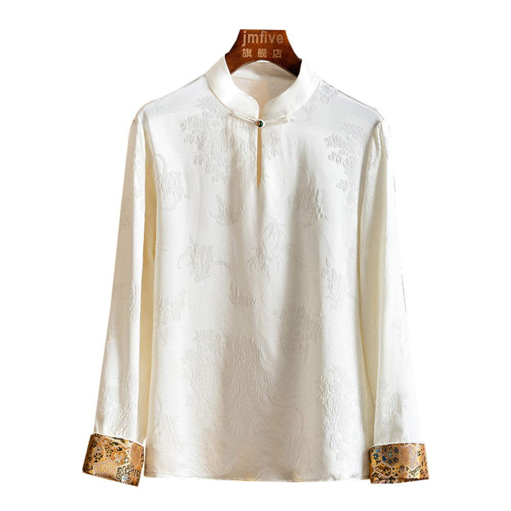 New Chinese style silk jacquard stand up collar shirt for women in the spring of 2025 New product Mulberry silk western style small shirt long sleeved top for women image 29