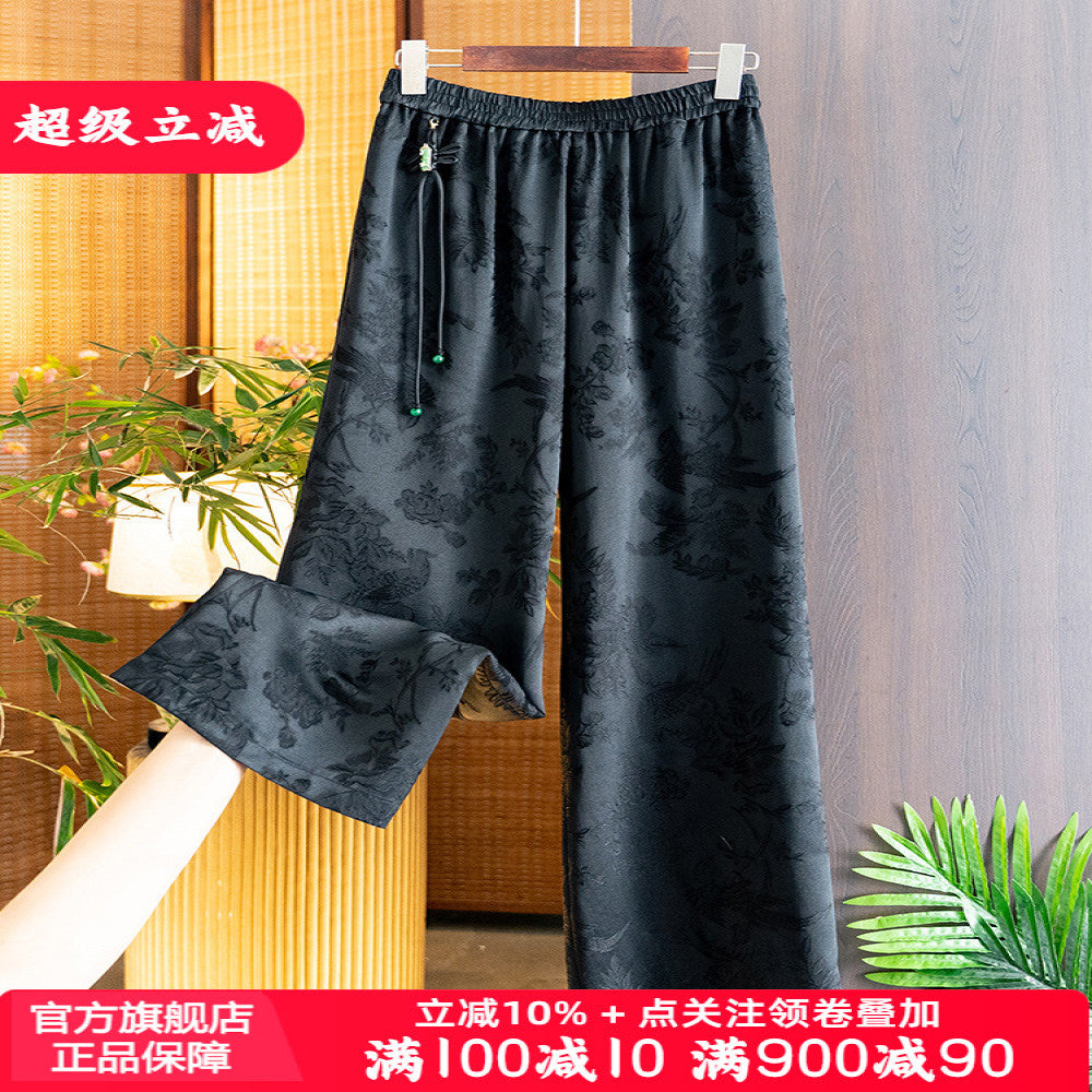 Vintage black slim straight trousers Autumn 2025 New China Chic elastic waist tassel jacquard casual pants for women image 1