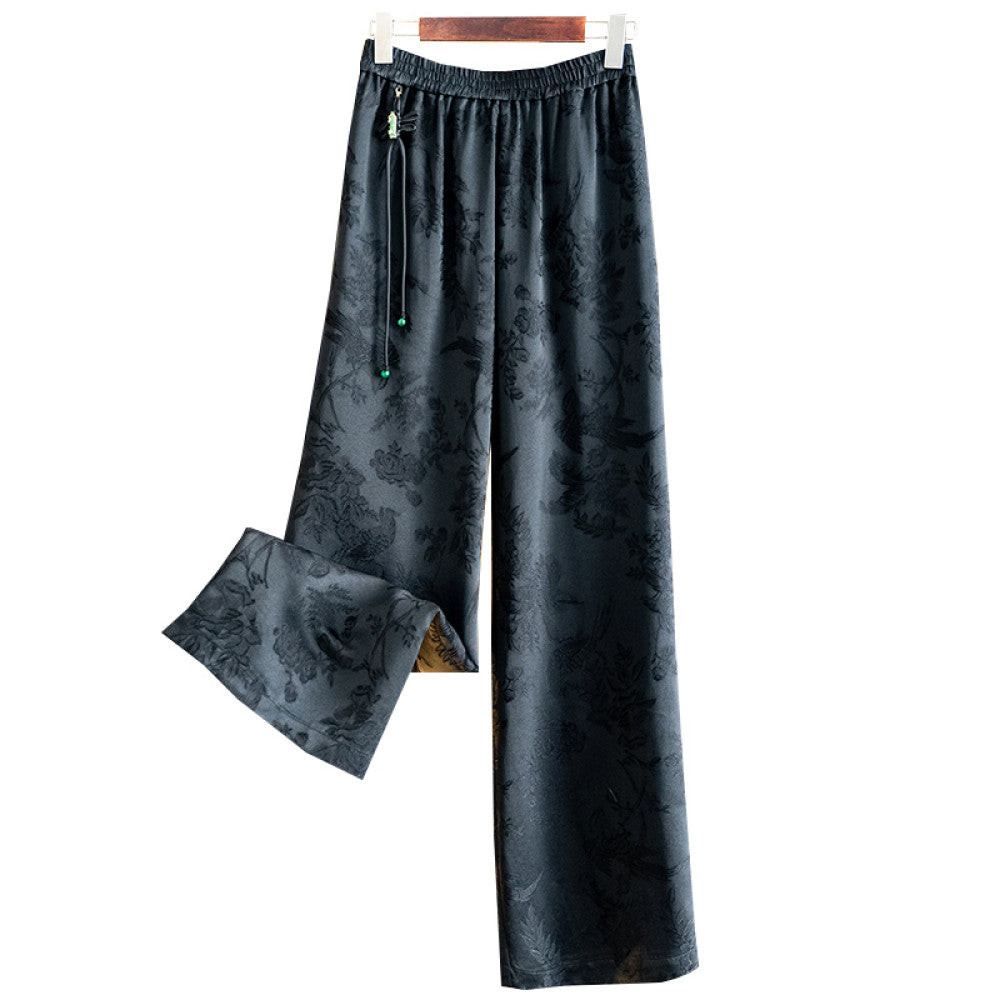 Vintage black slim straight trousers Autumn 2025 New China Chic elastic waist tassel jacquard casual pants for women image 6