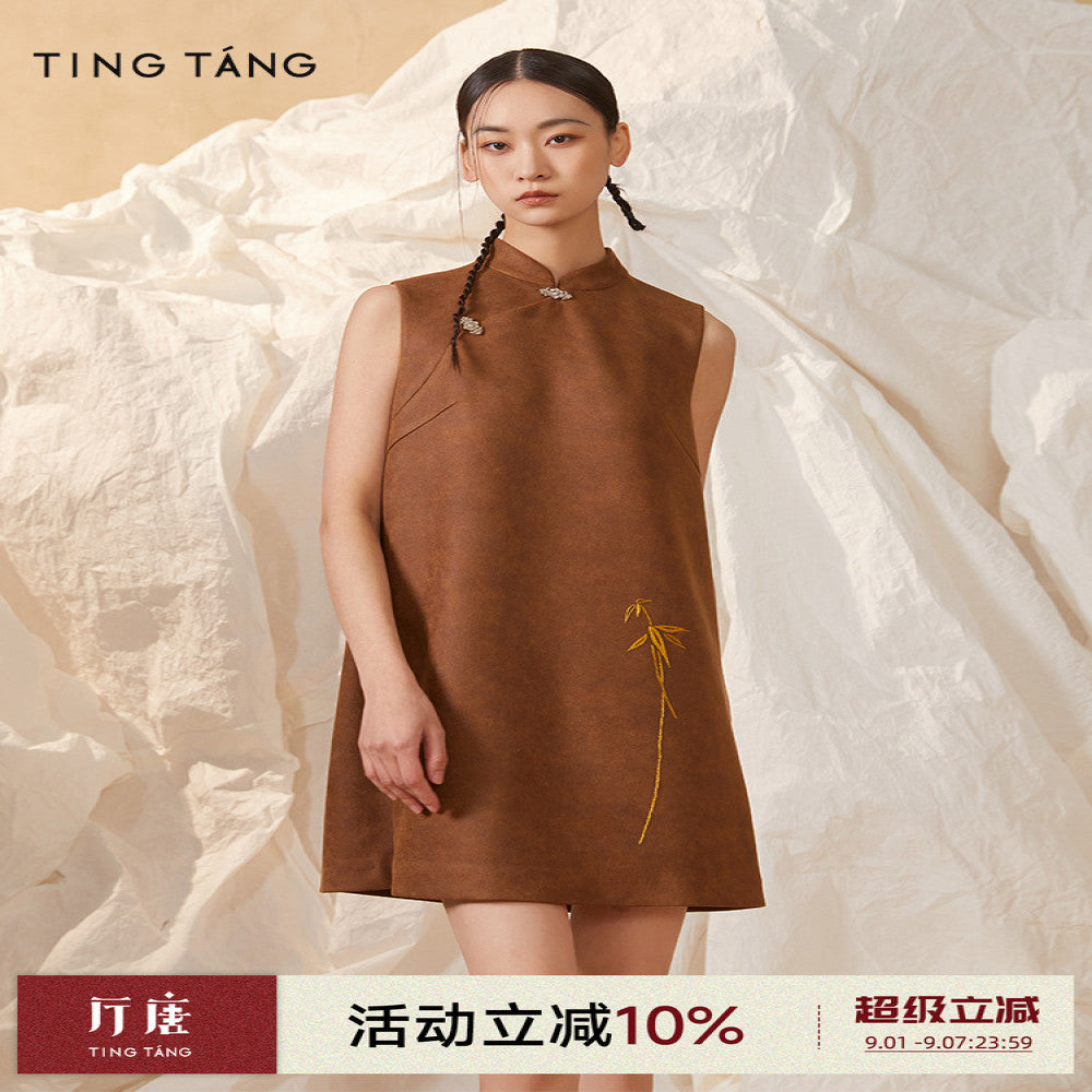 Tang Tang Ebony Agarwood Handmade Bamboo Embroidery Stand Collar Slant Lapel Button New Chinese Suede Dress image 1