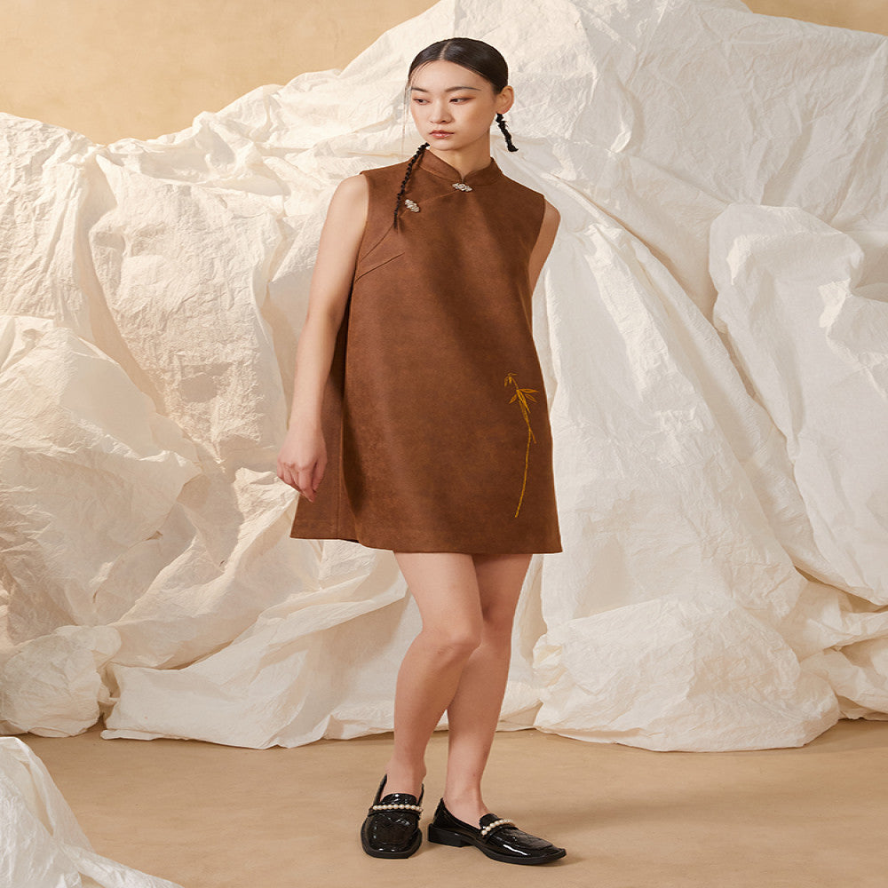 Tang Tang Ebony Agarwood Handmade Bamboo Embroidery Stand Collar Slant Lapel Button New Chinese Suede Dress image 2