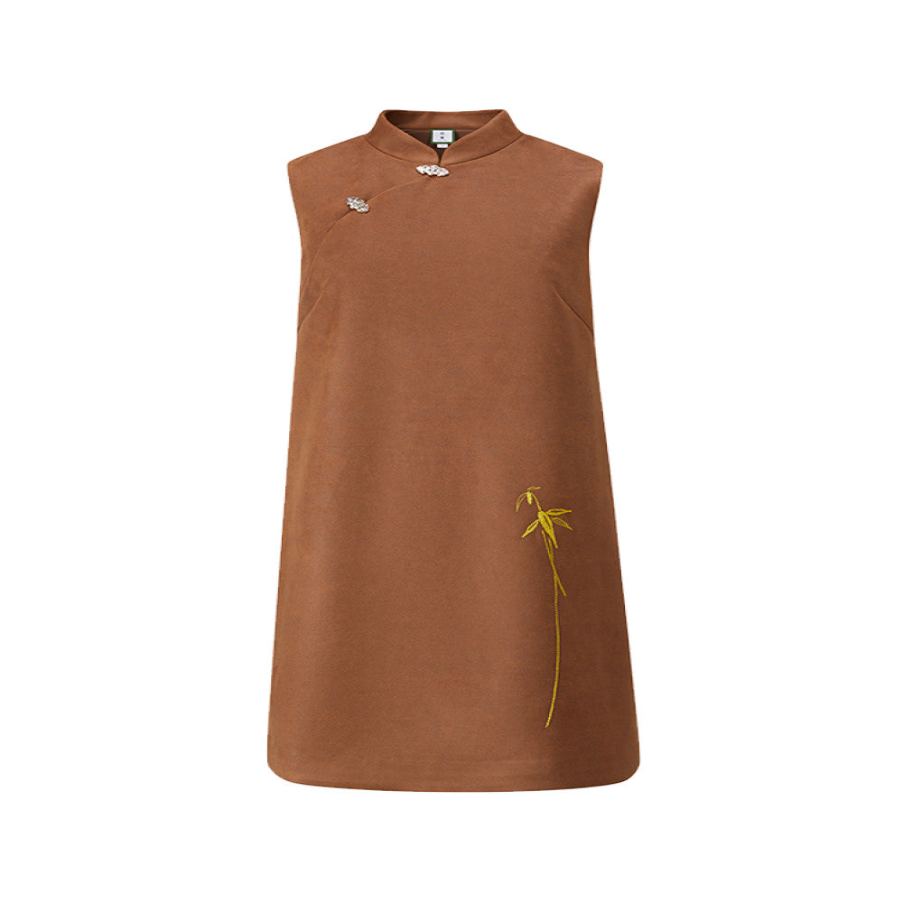 Tang Tang Ebony Agarwood Handmade Bamboo Embroidery Stand Collar Slant Lapel Button New Chinese Suede Dress image 5