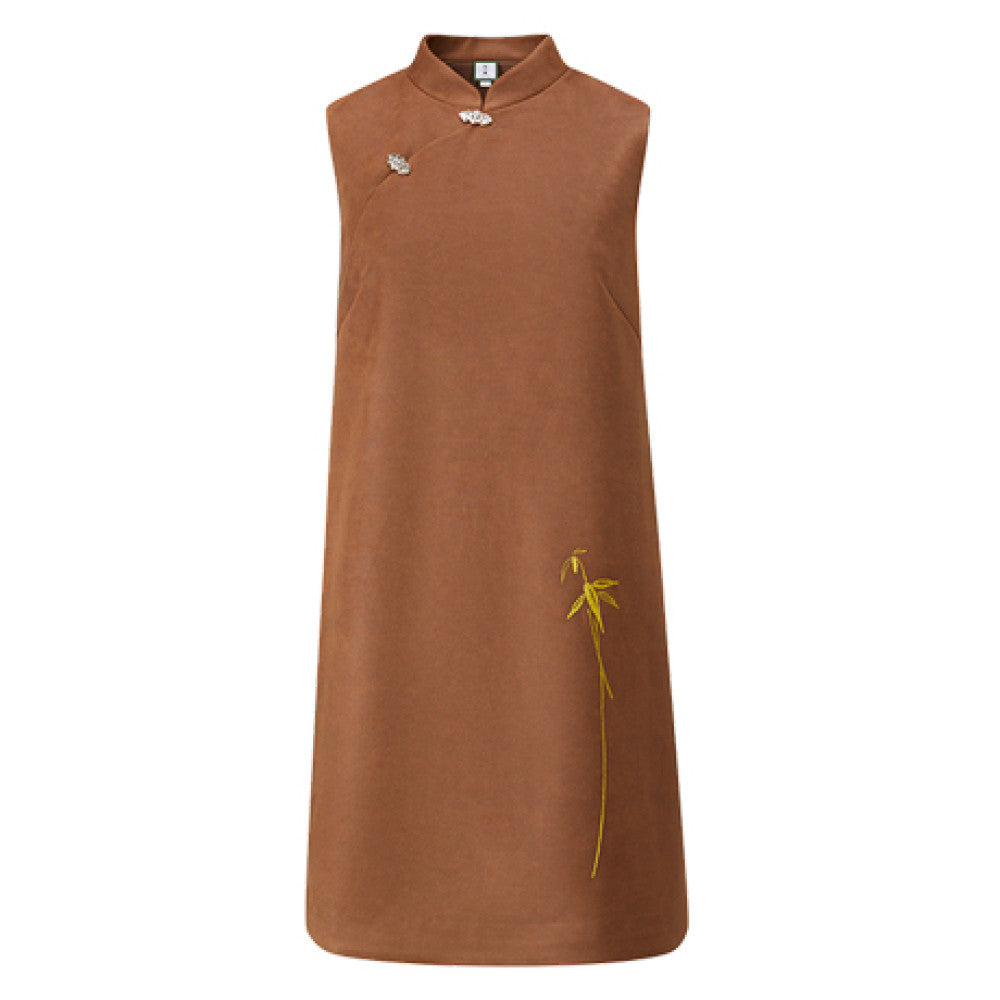 Tang Tang Ebony Agarwood Handmade Bamboo Embroidery Stand Collar Slant Lapel Button New Chinese Suede Dress image 8