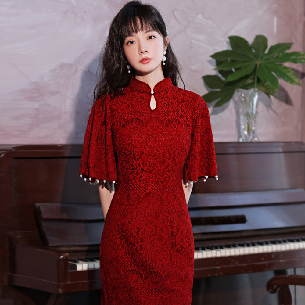 Qipao Toast Dress Bridal Chinese Improved Red Wedding and Engagement Dress Female Return Door Dress Lace Covered Arm image 25