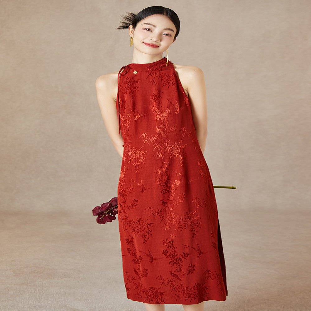 Straw Xi Summer New Style Chinese style Hanging Neck Red Dress Jacquard Slimming Wedding Cheongsam Slimming Slimming and Toasting Skirt image 1