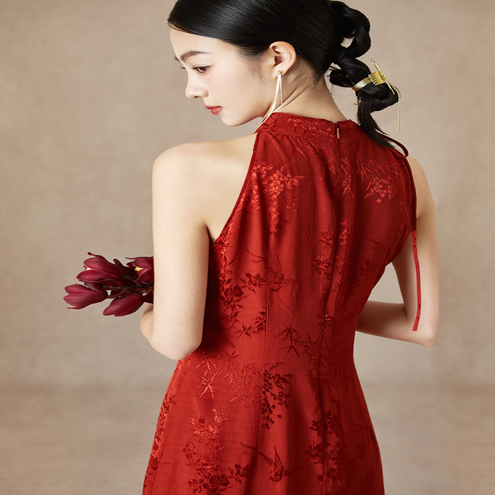 Straw Xi Summer New Style Chinese style Hanging Neck Red Dress Jacquard Slimming Wedding Cheongsam Slimming Slimming and Toasting Skirt image 3