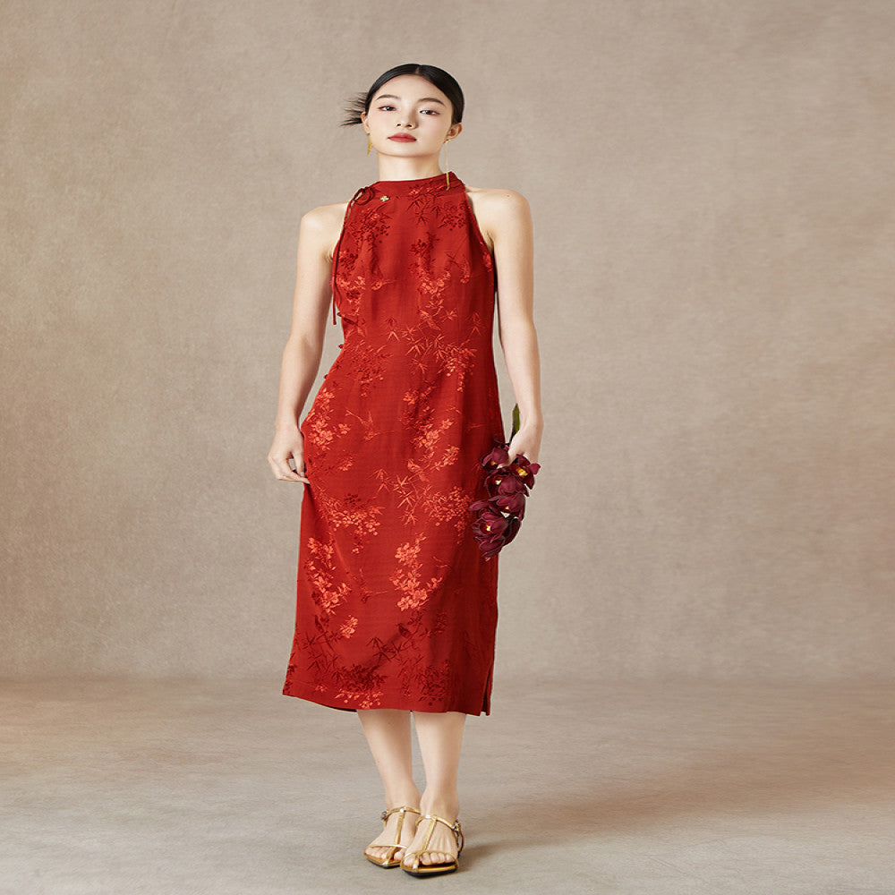 Straw Xi Summer New Style Chinese style Hanging Neck Red Dress Jacquard Slimming Wedding Cheongsam Slimming Slimming and Toasting Skirt image 4