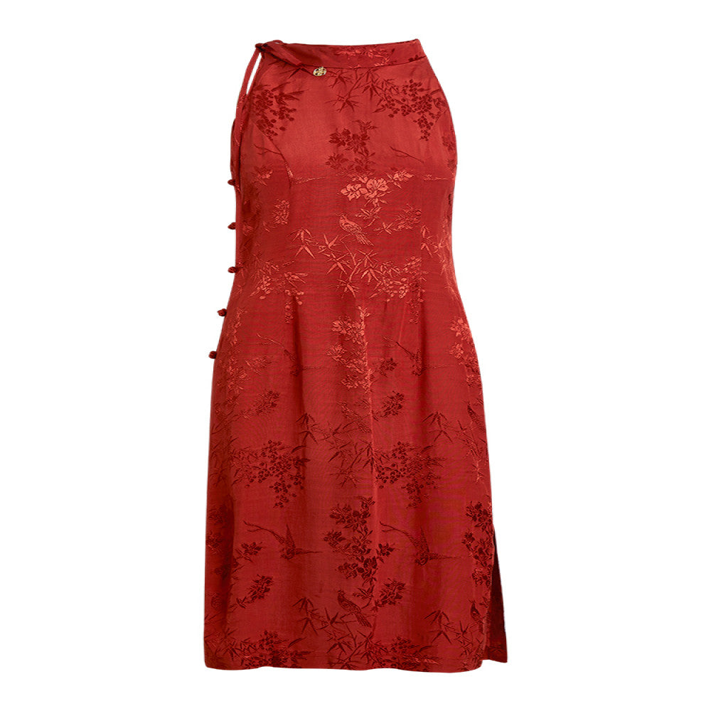 Straw Xi Summer New Style Chinese style Hanging Neck Red Dress Jacquard Slimming Wedding Cheongsam Slimming Slimming and Toasting Skirt image 5