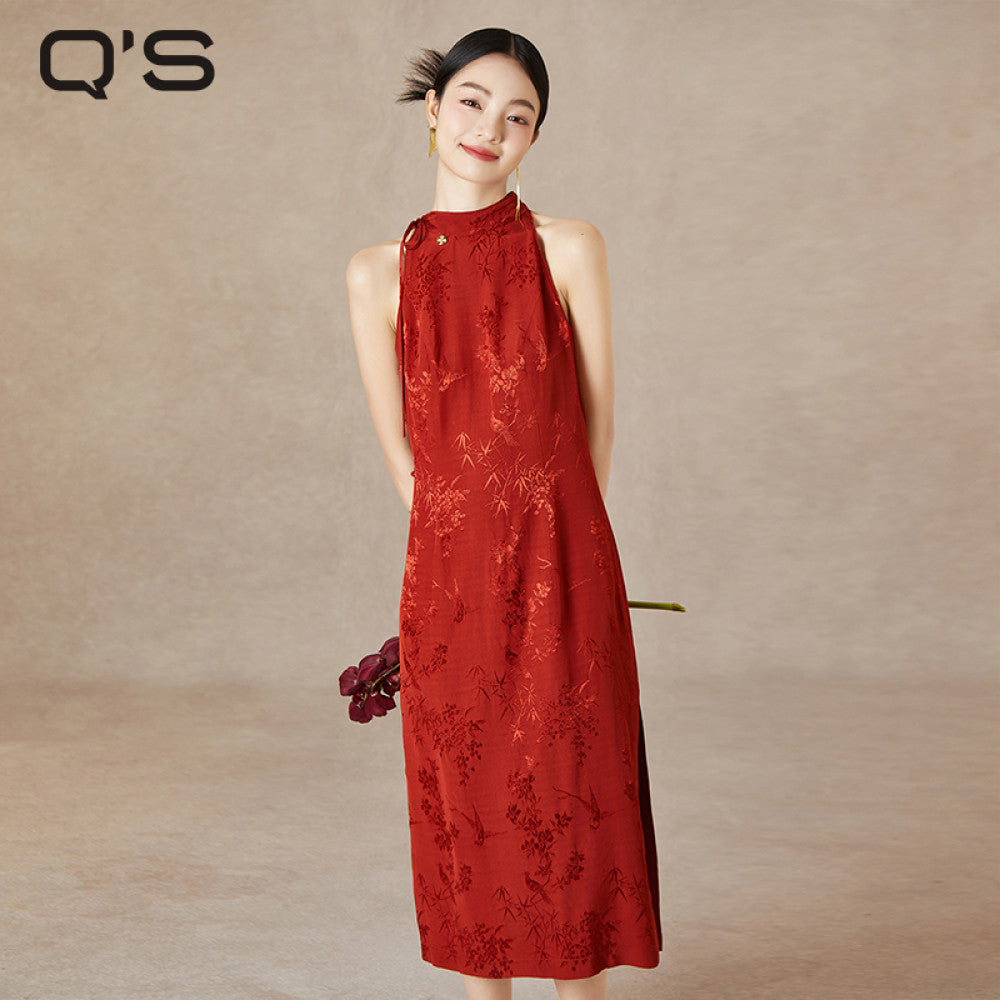 Straw Xi Summer New Style Chinese style Hanging Neck Red Dress Jacquard Slimming Wedding Cheongsam Slimming Slimming and Toasting Skirt image 11