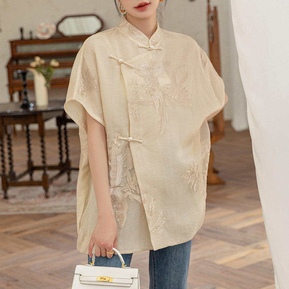 Pink covered ancient embroidered silk shirt women s summer improved new Chinese style improved button loose mulberry silk top image 12