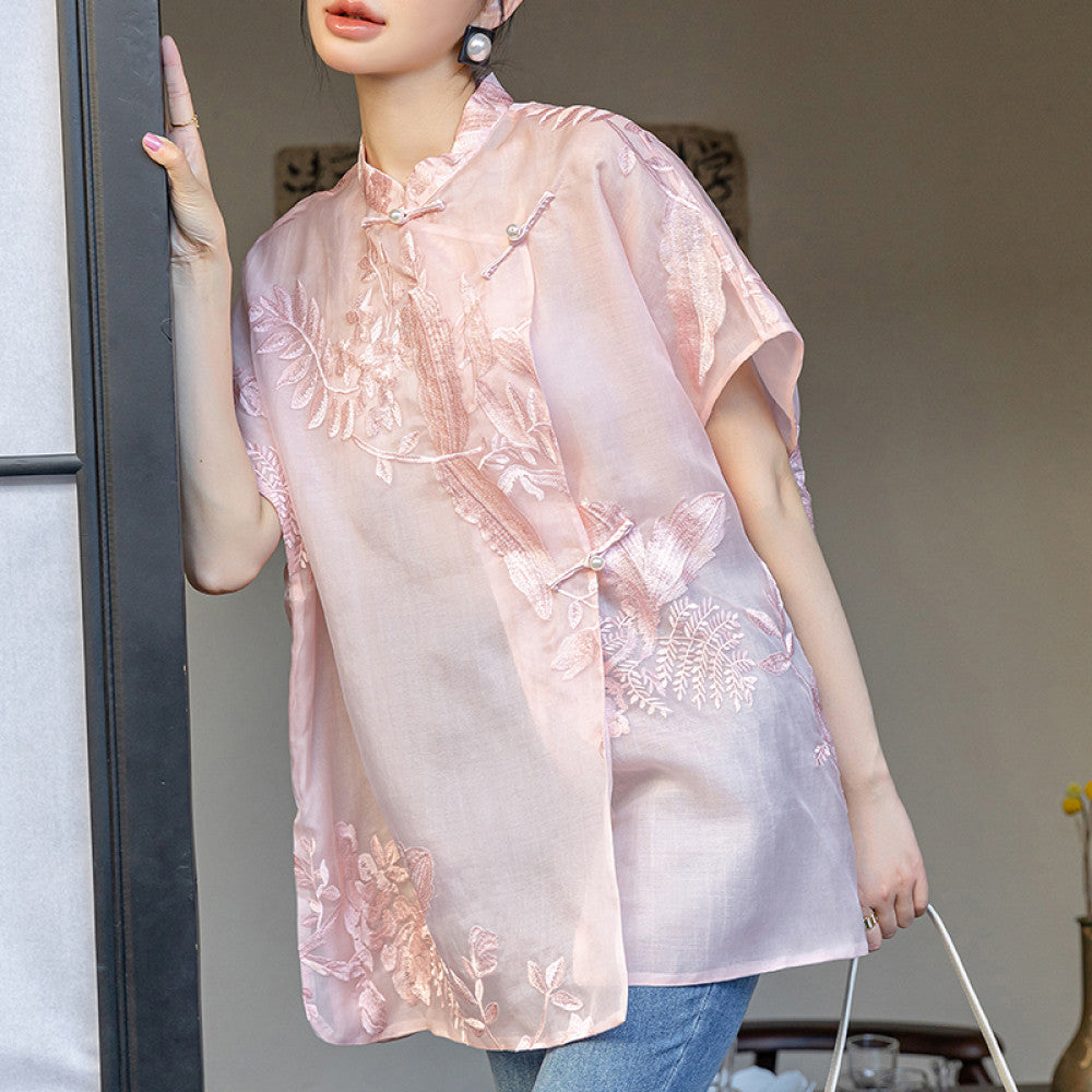 Pink covered ancient embroidered silk shirt women s summer improved new Chinese style improved button loose mulberry silk top image 23