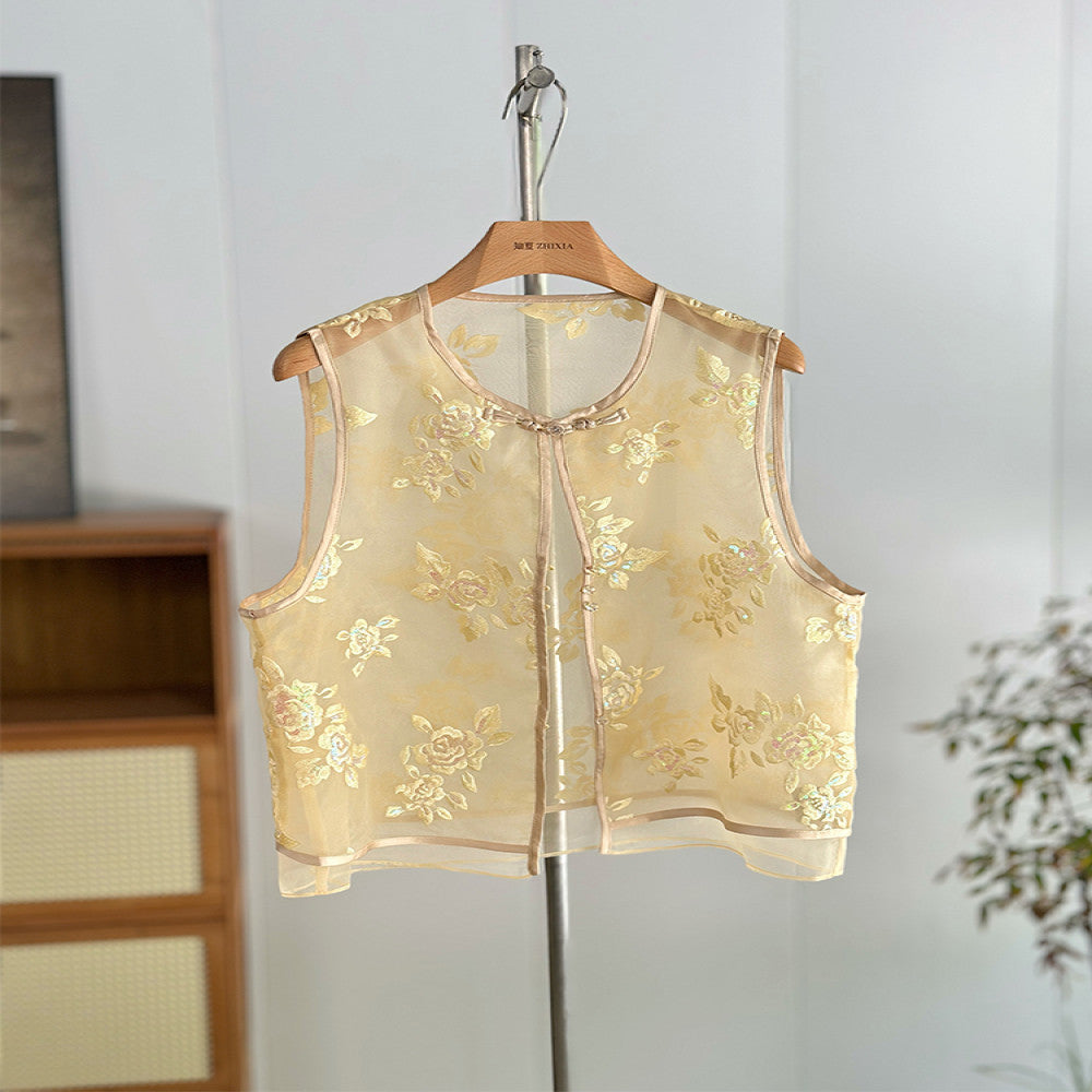Yellow new Chinese style flower embroidered vest women s summer thin vest national style two piece suit young organza waistcoat image 8