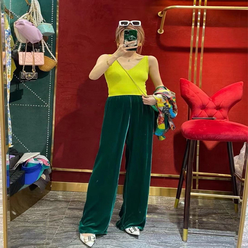 High end velvet pants for women fashionable silk velvet pants spring drape straight wide leg pants green velvet trousers image 25