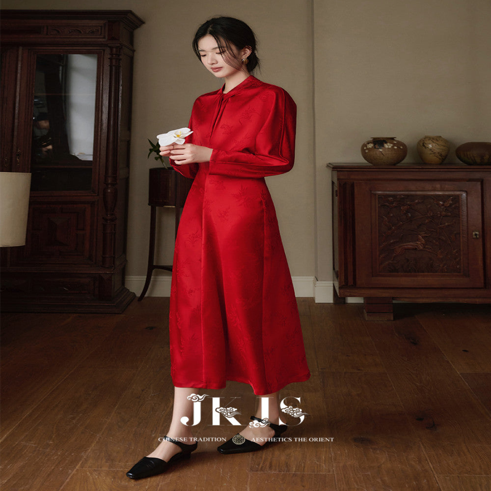 JKJS Qu Zhongren Satin feel dark jacquard new Chinese dress Spring and Autumn improved national style red skirt image 1