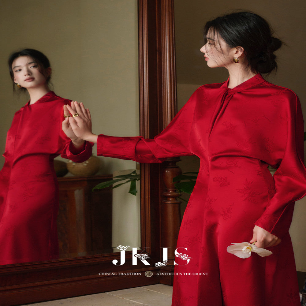 JKJS Qu Zhongren Satin feel dark jacquard new Chinese dress Spring and Autumn improved national style red skirt image 2