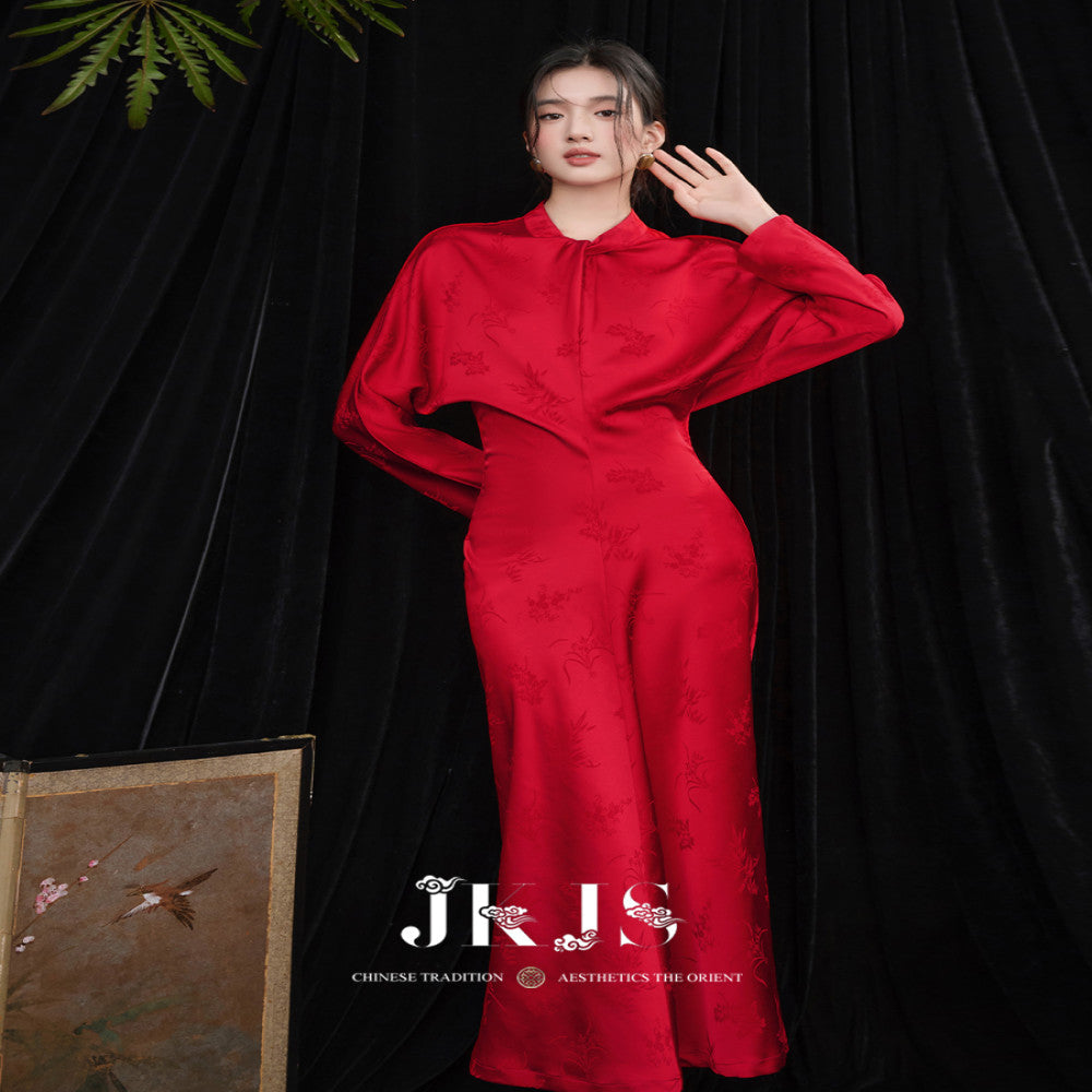 JKJS Qu Zhongren Satin feel dark jacquard new Chinese dress Spring and Autumn improved national style red skirt image 3