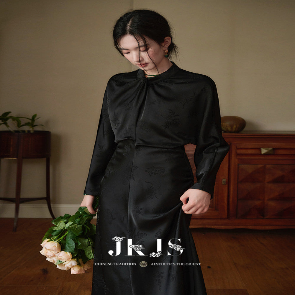 JKJS Qu Zhongren Satin feel dark jacquard new Chinese dress Spring and Autumn improved national style red skirt image 4