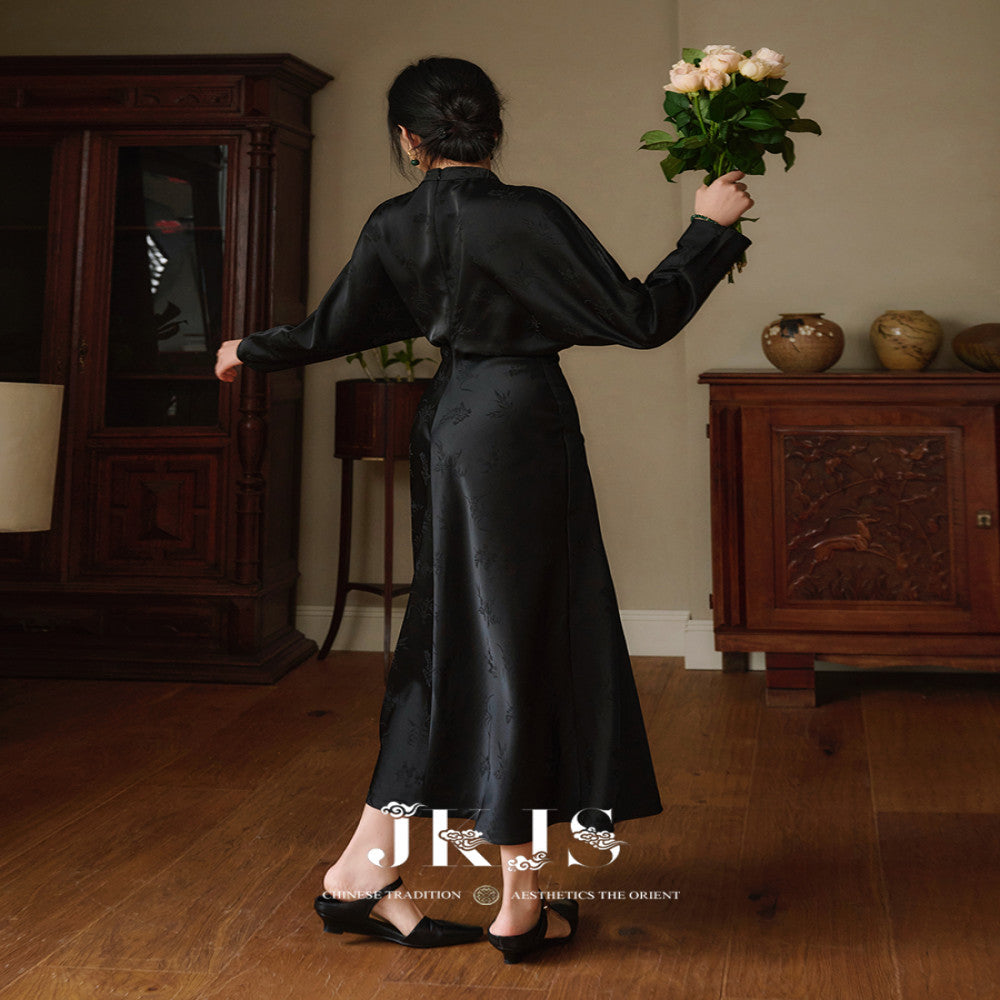 JKJS Qu Zhongren Satin feel dark jacquard new Chinese dress Spring and Autumn improved national style red skirt image 5