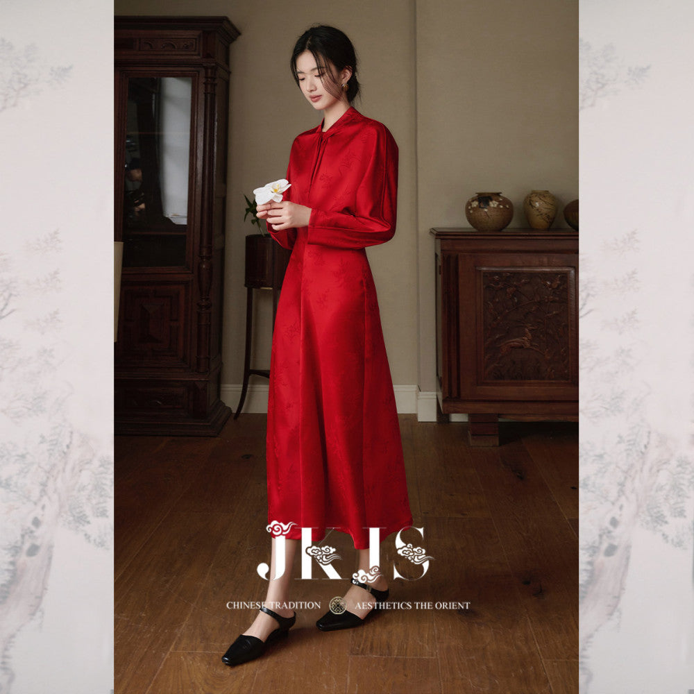 JKJS Qu Zhongren Satin feel dark jacquard new Chinese dress Spring and Autumn improved national style red skirt image 18