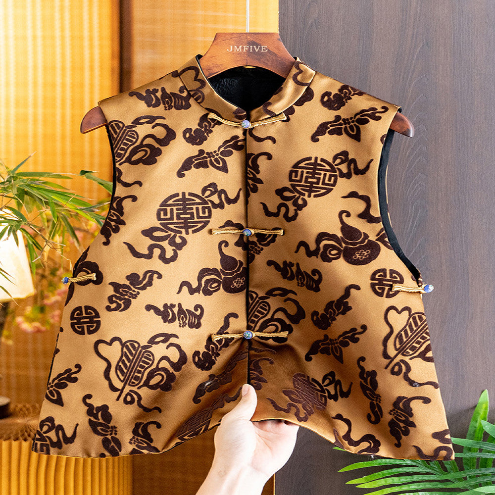 Flocking flower Chinese style red vest vest women 2025 autumn and winter new Chinese style stand collar beaded button vest women image 3