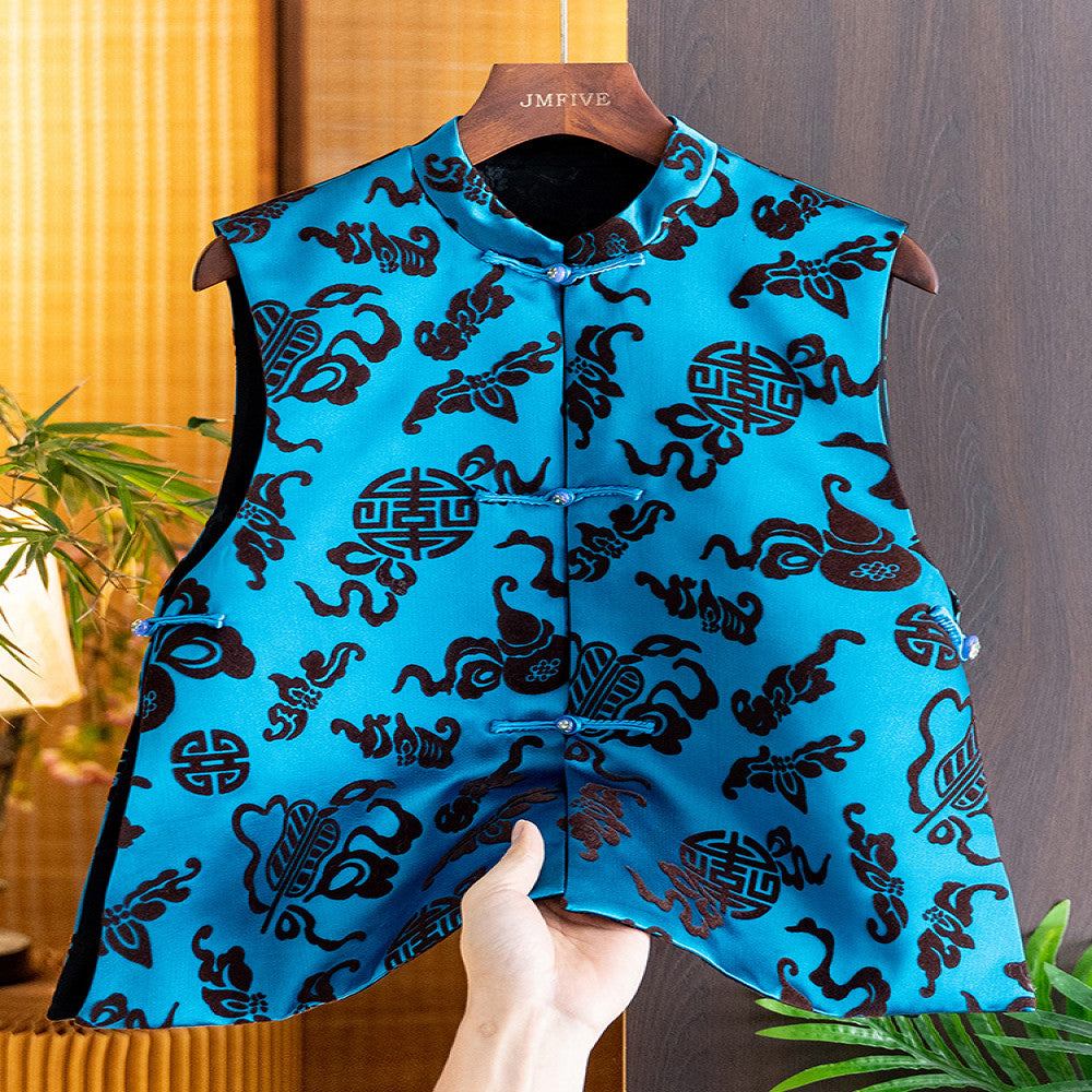 Flocking flower Chinese style red vest vest women 2025 autumn and winter new Chinese style stand collar beaded button vest women image 4