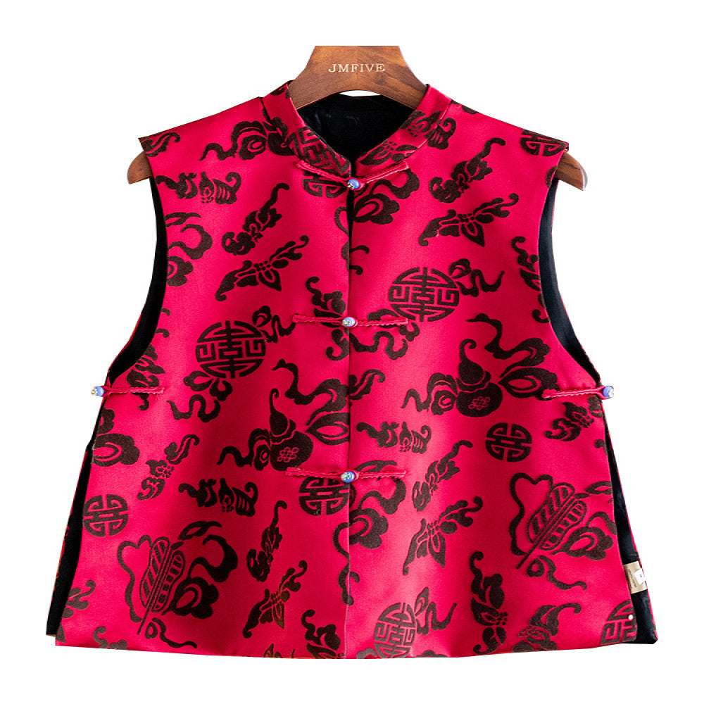 Flocking flower Chinese style red vest vest women 2025 autumn and winter new Chinese style stand collar beaded button vest women image 5
