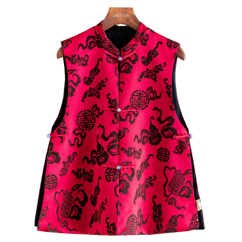 Flocking flower Chinese style red vest vest women 2025 autumn and winter new Chinese style stand collar beaded button vest women image 11