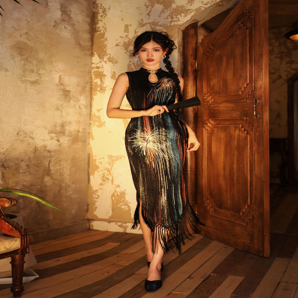 Four pounds homemade white day fireworks colorful woven chenille original fireworks embroidery tassel autumn and winter long sleeveless cheongsam image 4