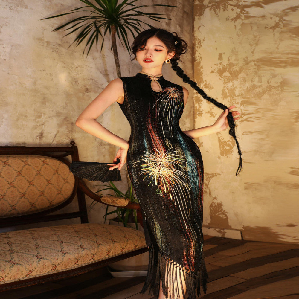 Four pounds homemade white day fireworks colorful woven chenille original fireworks embroidery tassel autumn and winter long sleeveless cheongsam image 5