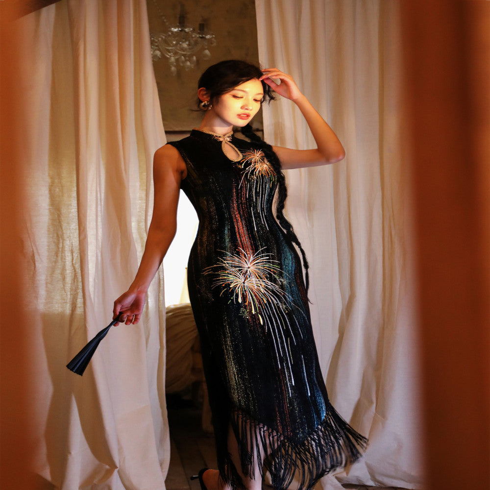 Four pounds homemade white day fireworks colorful woven chenille original fireworks embroidery tassel autumn and winter long sleeveless cheongsam image 7