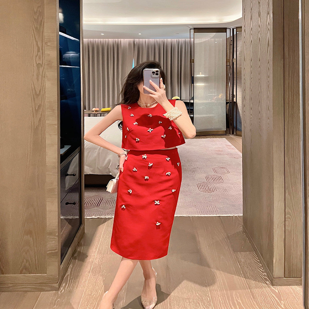BETTER LS 2025 summer new style small red suit women s skirt lady temperament two piece suit image 4