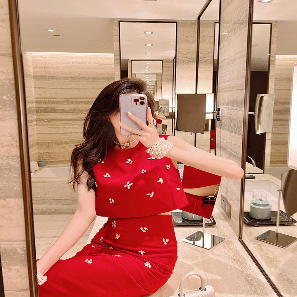 BETTER LS 2025 summer new style small red suit women s skirt lady temperament two piece suit image 0