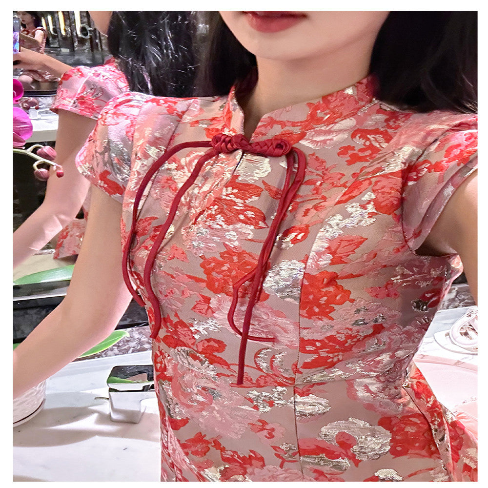 ๐๐ฆ๐๐ฌ๐๐ฏ๐ต๐ฒ๐ฑ โจ Blooming Red Jacquard Cheongsam Dress ๐น