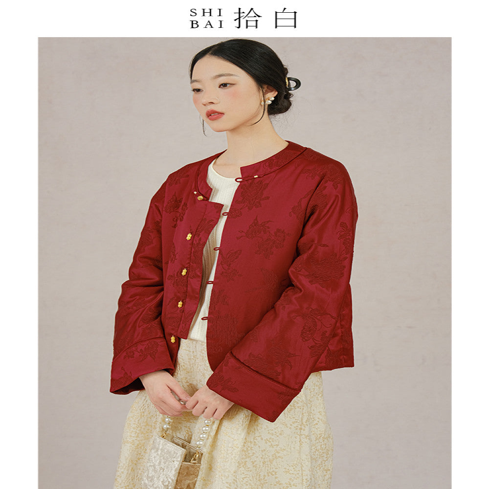 SHIBAI Shibai Dielianhua New Chinese style jacket winter high end mulberry silk silk crown wrinkled red cotton coat image 11