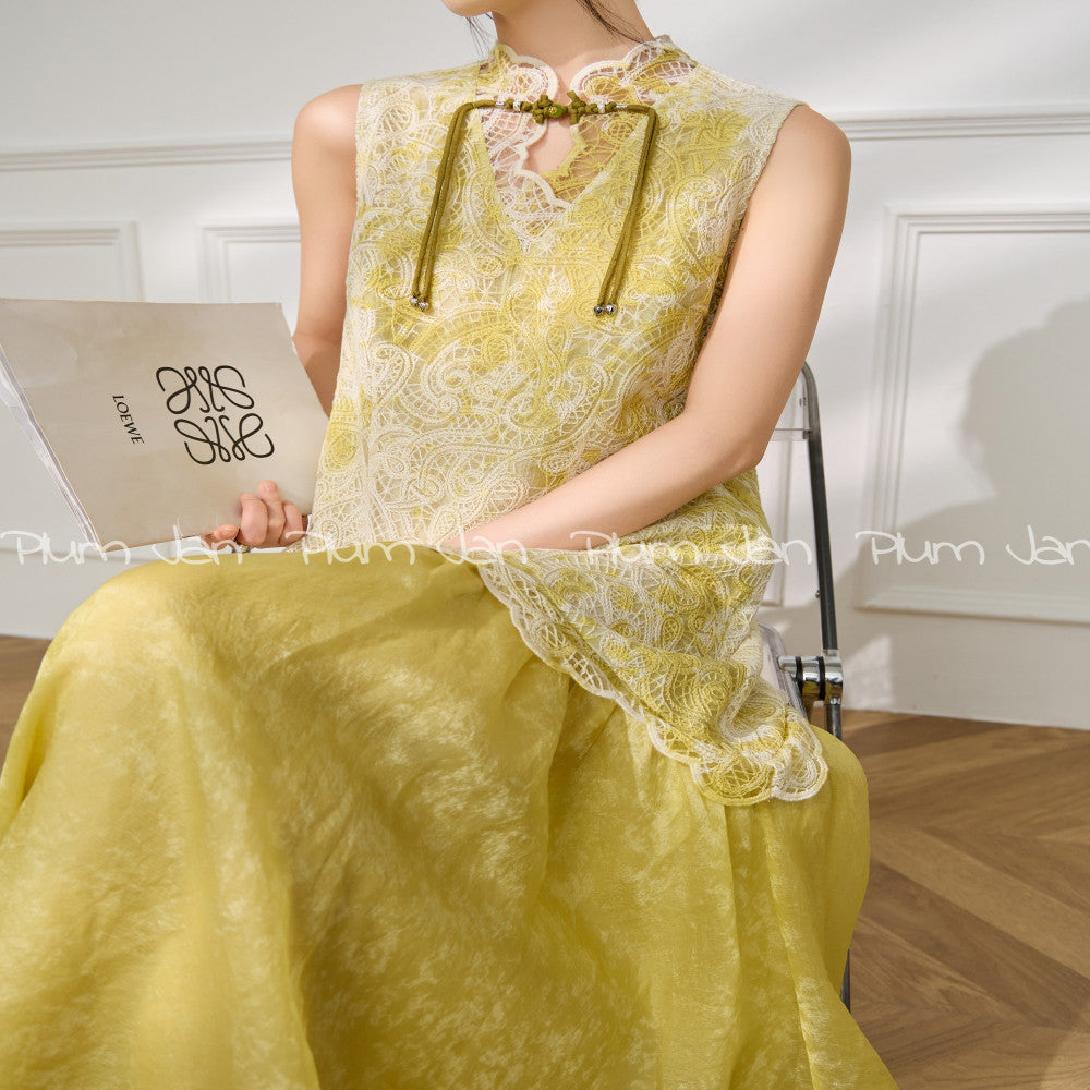 Plum Jan 2025 Summer New Chinese style buttoned sleeveless cheongsam dress summer high end layered stunning long skirt image 8