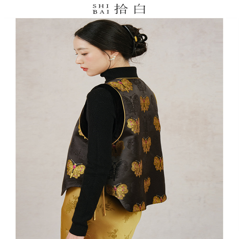 SHIBAI Shibai new Chinese vest autumn and winter original design national style women s clothing black and gold butterfly button improved top image 1