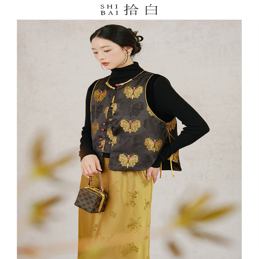 SHIBAI Shibai new Chinese vest autumn and winter original design national style women s clothing black and gold butterfly button improved top image 2