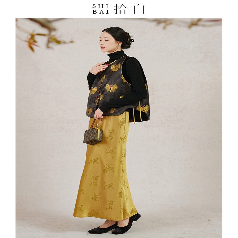 SHIBAI Shibai new Chinese vest autumn and winter original design national style women s clothing black and gold butterfly button improved top image 3