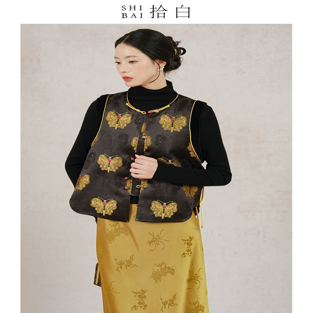 SHIBAI Shibai new Chinese vest autumn and winter original design national style women s clothing black and gold butterfly button improved top image 13
