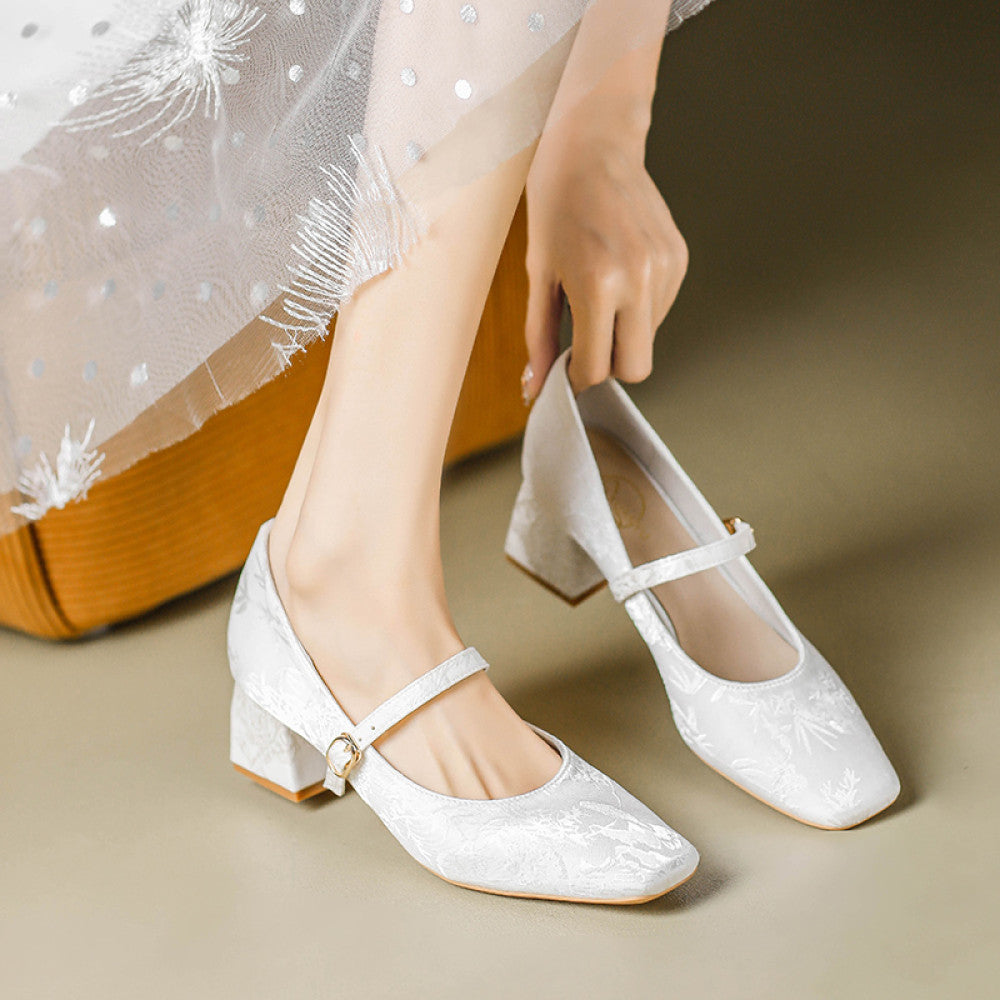 Hong Kong style new Chinese style shoes for women matching cheongsam and Hanfu satin embroidered flowers square toe Mary Jane shoes image 22