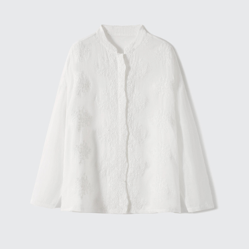 Xiaohan Pavilion Heavy relief pattern full ramie embroidery literary shirt female gentle temperament top spring and autumn image 8