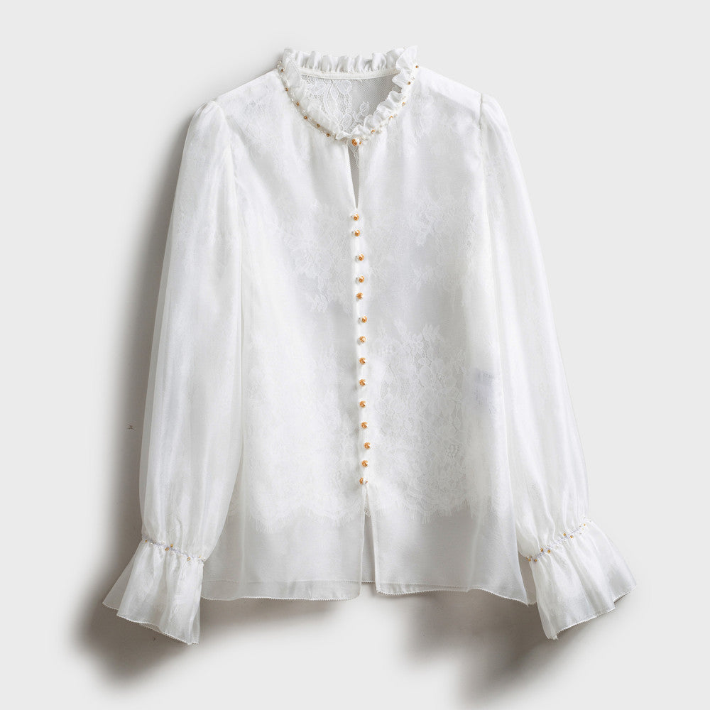 Jiaqi Custom Silk Collar and Cuffs Fully Hand beaded French Stand Collar Lightweight Double Lace Shirt image 13