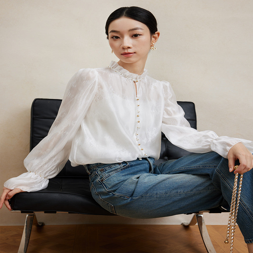 Jiaqi Custom Silk Collar and Cuffs Fully Hand beaded French Stand Collar Lightweight Double Lace Shirt image 18