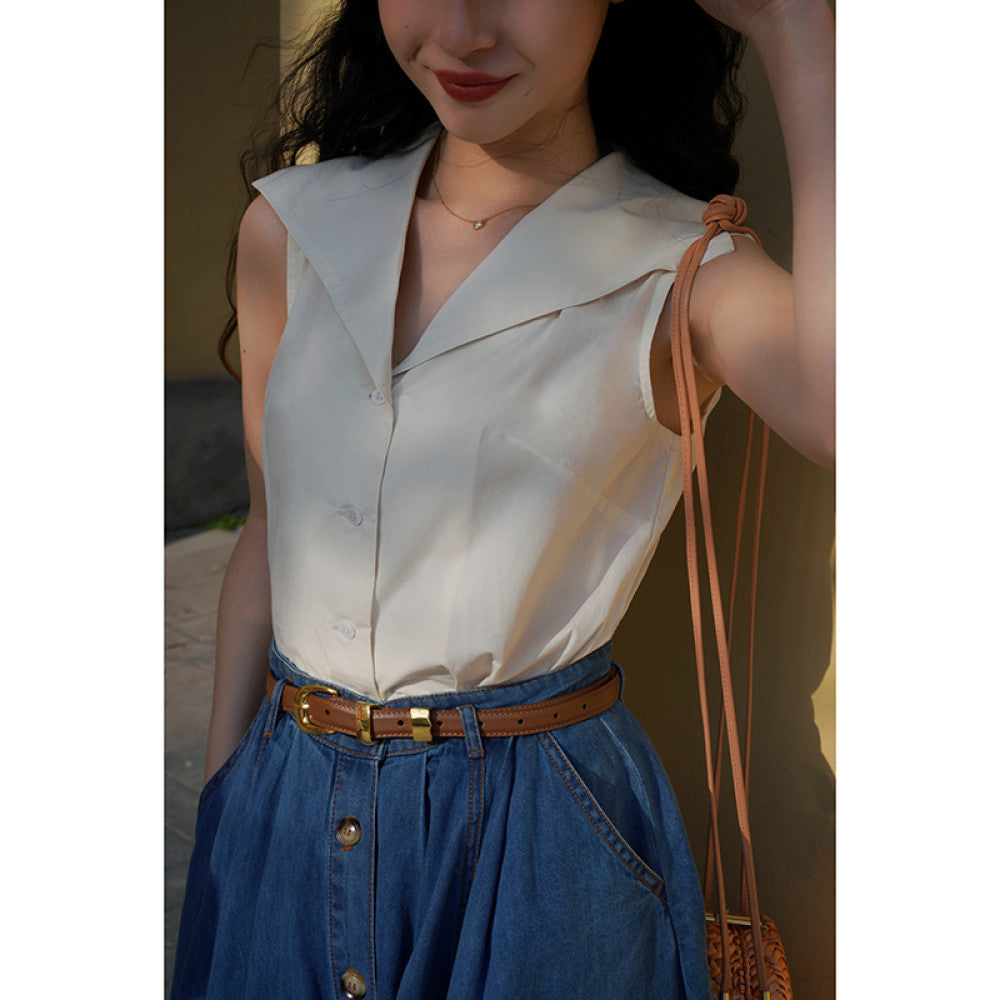 ASAYA-3777 Retro Chic Sleeveless Lapel Shirt 🌸