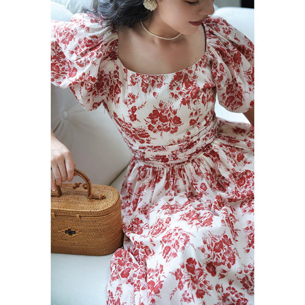 Chings French retro one neck printed dress with Hepburn style high waist slimming bubble sleeves cotton A line skirt image 12