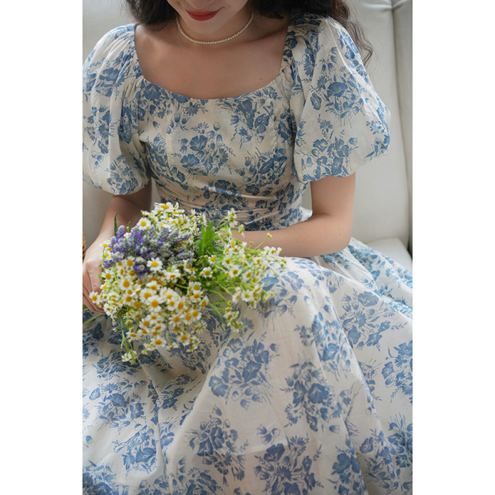 Chings French retro one neck printed dress with Hepburn style high waist slimming bubble sleeves cotton A line skirt image 16