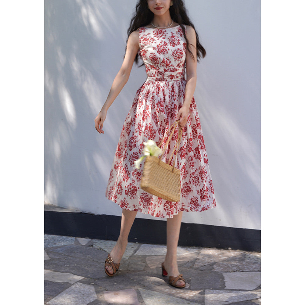 Chings retro printed one necked backless dress with a high waist and slimming effect featuring a large swing skirt and a Hepburn style slimming look image 5