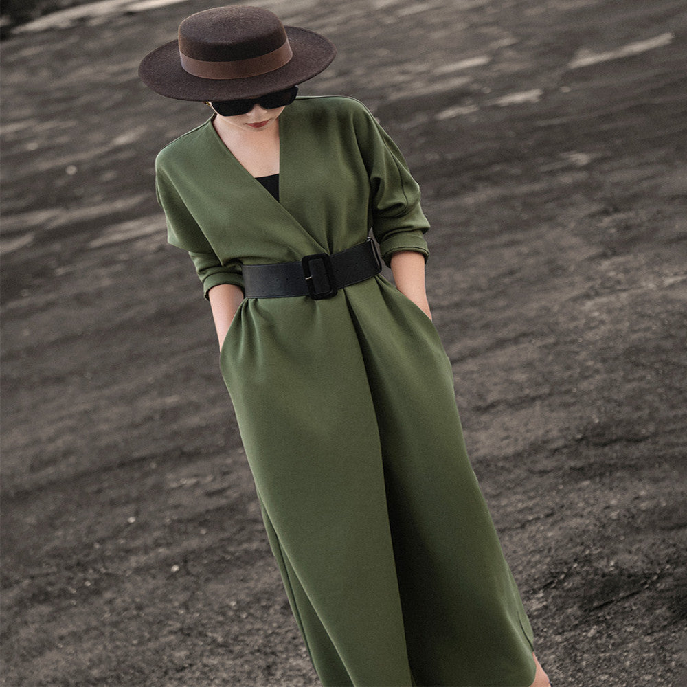 Lanser 2025 autumn new style temperament capable high end long sleeved V neck waist tie suit dress for women image 1